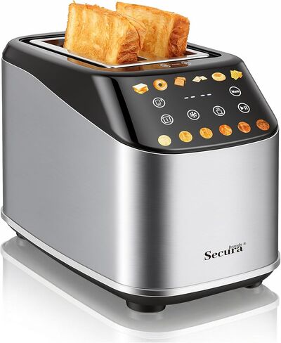 Secura Brands Motorized 2 Slice Toaster with Touch Screen, 30-Min Keep Warm & Countdown Timer Toaster, 6 Bread Types for Even Heating, Cool-Touch Stainless Steel, Bagel Defrost Reheat in Kuwait