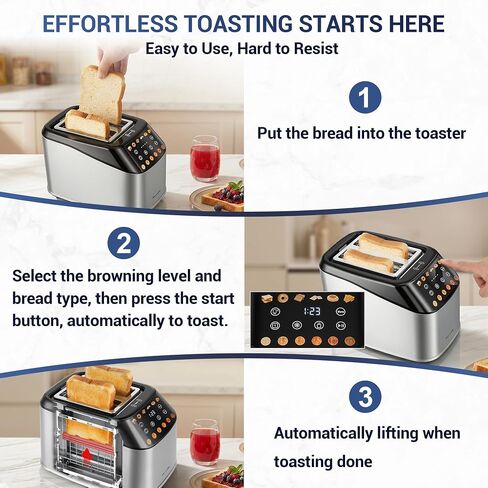 Secura Brands Motorized 2 Slice Toaster with Touch Screen, 30-Min Keep Warm & Countdown Timer Toaster, 6 Bread Types for Even Heating, Cool-Touch Stainless Steel, Bagel Defrost Reheat in Kuwait