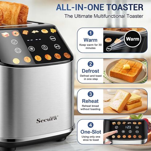 Secura Brands Motorized 2 Slice Toaster with Touch Screen, 30-Min Keep Warm & Countdown Timer Toaster, 6 Bread Types for Even Heating, Cool-Touch Stainless Steel, Bagel Defrost Reheat in Kuwait