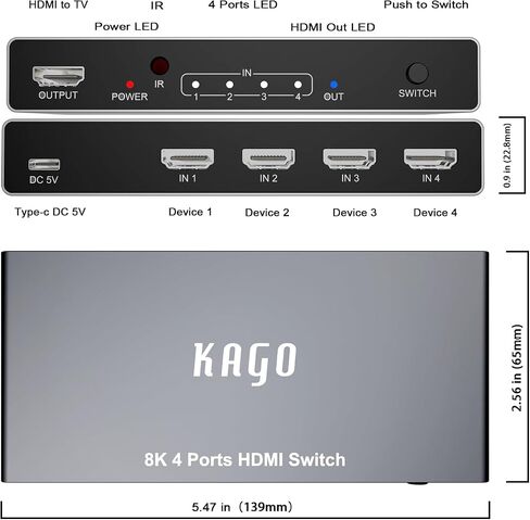 KAGO 8K@60Hz HDMI 2.1 Switch 4 Port Selector Box with Remote in Kuwait