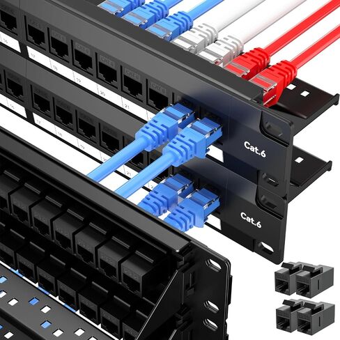 24 Port Patch Panel, Keystone Patch Panel 24 Port Loaded with RJ45 Couplers Plus 2 Spare, 10G Pass-Through, UTP 19-Inch 1U Ethernet Panel with Removable Back Bar for Cat5, Cat5e, Cat6 Cabling in Kuwait