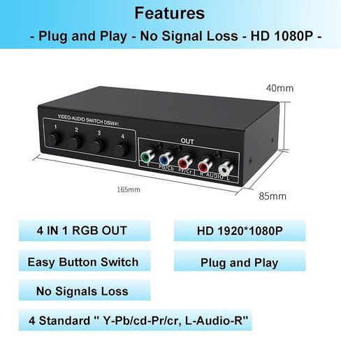 Component AV Video Switch Box 4 in 1 Out 1080P, 4-Way 5 RCA YPbPr Composite L/R Audio AV Splitter RGB Selector Switcher Converter for Xbox 360 Wii PS3 PS2 PS1 SNES DVD/VCD/STB/TV/HDTV, Plug & Play in Saudi Arabia