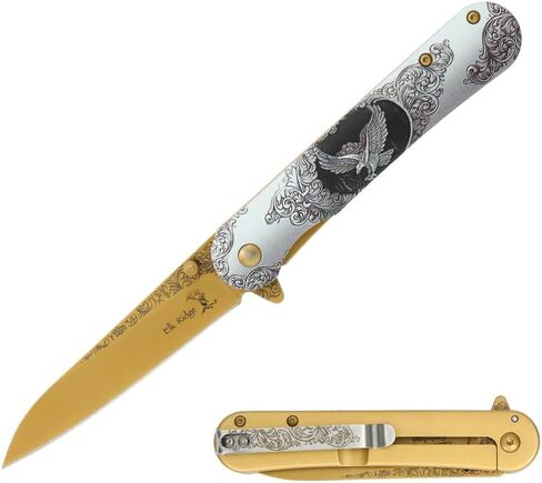 Elk Ridge Premium Decorative Folding Knife, 8 Inch Overall Length, Handle with Animal Engraved Design, 3.5 Inch Stainless Steel Blade, Camping, Hunting, Collectible in Kuwait