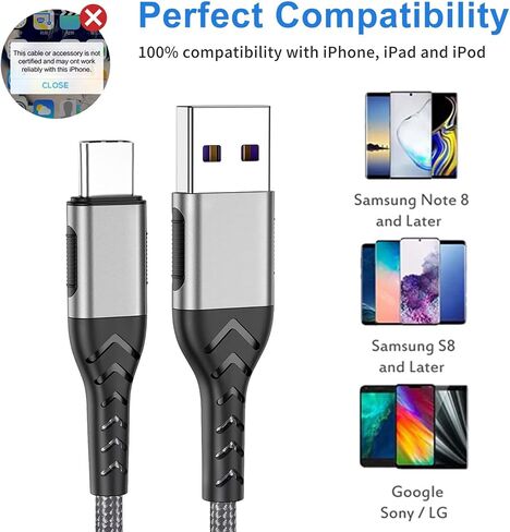 Durcord 16ft Fast Charging USB Type C Charging Cord Cable, Type C Charger Braided USB Cable Compatible with iPhone 15 Pro/Plus/Max/Android/Phone/Pad - Silver in Kuwait