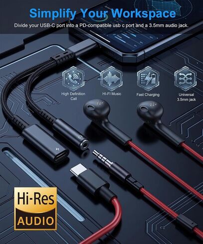USB C to 3.5mm Audio Aux Headphone Jack Adapter and Charger Dongle Splitter in Kuwait
