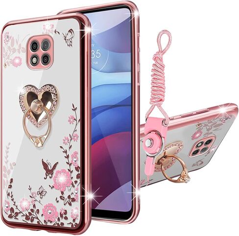 for Moto g Power 2021 Case, Moto g Power Case for Women Glitter Crystal Soft TPU Bling Cute Butterfly Heart Floral Clear Protective Cover with Kickstand+Strap for Moto g Power 2021(Rose Gold) in Kuwait