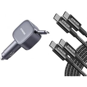 Anker Retractable USB-C Car Charger, 75W Max Fast Charging with Built-in Retractable Cable Car Adapter & Anker USB C to USB C Cable, Type-C 60W Fast Charging Cable (6 FT, 2Pack), for iPhone 17 Series in Kuwait