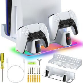 HuiJuKeJi Wall Mount Kit for PS5/PS5 Slim with Charging Station,Dual Controller Stand and Charger with Multi-Mode RGB Light App,Compatible with PlayStation 5/5 Slim/5 Pro Disc & Digital Version in Kuwait