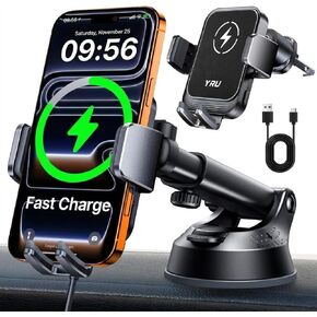 YRU [True Military-Grade Wireless Car Charger Mount, 15W Charging Auto Clamping Car Phone Holder [98+LBS Strong] Dashboard Windshield Vent Cellphone Holder for iPhone 17 16 15 Pro Max, Space Black in Kuwait