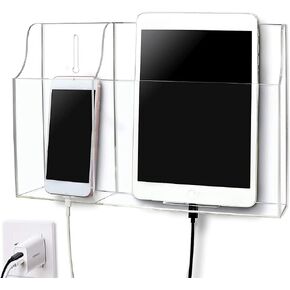 Clear Wall Tablet Holder Acrylic Wall Mounted Phone Holder for iPad, Remote Control Holder Laptop Stand for eReader Storage Caddy with Charging Holes for Kindle iPhone in Kuwait
