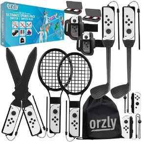 Orzly Switch Sports Games 2024 Accessories Bundle Pack for Nintendo Switch & Switch OLED with Tennis Rackets, Golf Clubs, Chambara Swords, Soccer Leg Straps & Joycon Grips - With Carry Bag in Kuwait