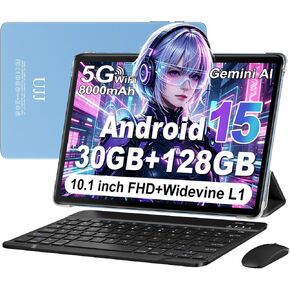 2026 Tablet 10 Inch Android 15 Tablet with Keyboard, 30GB+128GB+1TB Expand | Gemini AI Octa-Core Electronics Tablets, 2-in-1 Tablets PC, 5G WiFi, 8000mAh, Widevine L1, GPS, Metal Body - Blue Case in Kuwait