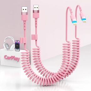 2Pack Apple CarPlay USB A to Lightning iPhone Coiled Charger Cable for Car,4Ft Short Charging Cord Sync Data Retractable Charger Connector for iPhone 14/13/12/11 SE/Xr/iPad【MFi Certified】-Pink in Kuwait