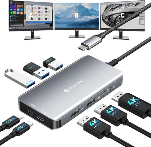 Reborn USB-C Docking Station Dual Monitor Adapter, Laptop Docking Station 3 Monitors Triple Display USBC Hub Dongle to 4K60Hz HDMI+DP,3 USB3.0,100W PD,USB C Data,8-in-1 Dock for Dell,HP,Lenovo,Surface in Kuwait
