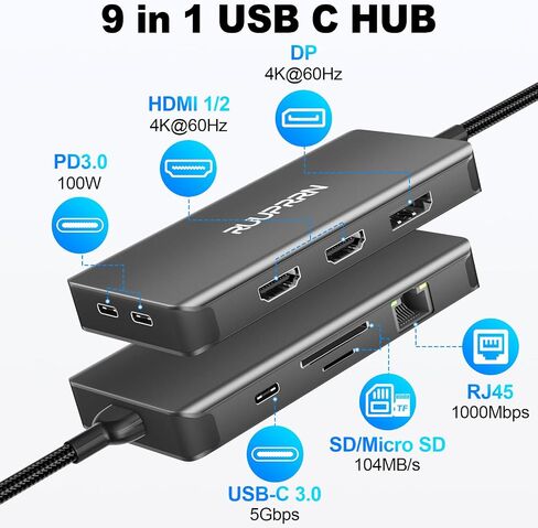 USB C Docking Station 3 Monitors, 9 in 1 USBC Dock with 2 HDMI, DisplayPort in Kuwait