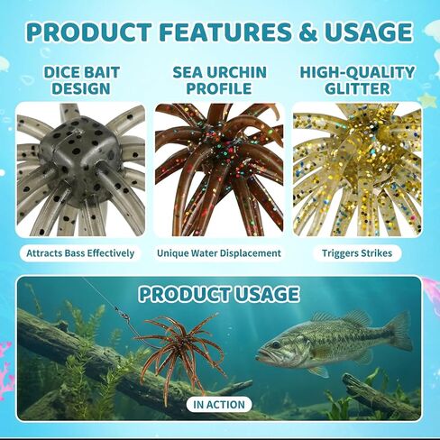 6-Piece Pack of Floating Lures, Dice Baits for Bass Fishing, Finesse Fishing Lures with Sea Urchin Bait Design, Soft Plastic Baits for Drop Shot and Wacky Rig Setups in Saudi Arabia