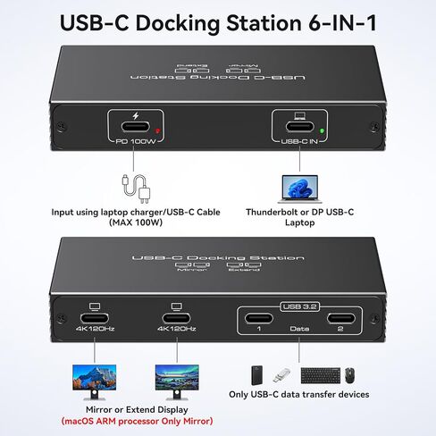 TJCXELE 4K120Hz USB C Splitter Dual Monitor Thunderbolt Docking Station 6-in-1 Dual USB C Monitor 100W PD, 10Gbps USBC Data Ports USBC Splitter 1 in 4 Out for Dell/HP/MacBook and Other Laptops in Kuwait