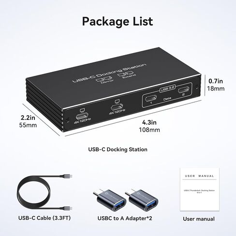 TJCXELE 4K120Hz USB C Splitter Dual Monitor Thunderbolt Docking Station 6-in-1 Dual USB C Monitor 100W PD, 10Gbps USBC Data Ports USBC Splitter 1 in 4 Out for Dell/HP/MacBook and Other Laptops in Kuwait