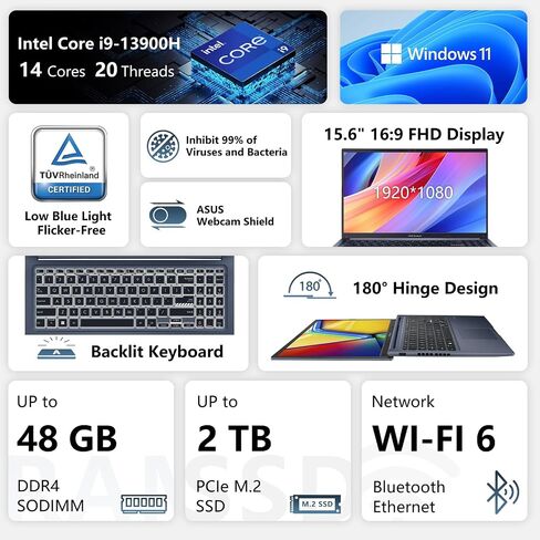 ASUS Vivobook Core i9-13900H Laptop, 15.6" FHD Display, PCONLINE Customized 16GB/32GB/48GB RAM, 1TB/2TB SSD, Physical Webcam Shield, Backlit & Numeric Keyboard, FP Reader, Wi-Fi 6, Windows11 Pro, Blue in Kuwait