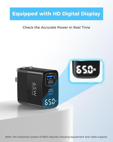 65W USB C Charger Block with Led Display,3 Ports USB Charger Block,Black in Kuwait