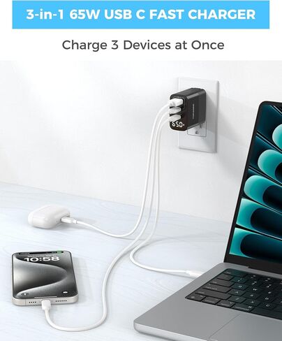 65W USB C Charger Block with Led Display,3 Ports USB Charger Block,Black in Kuwait