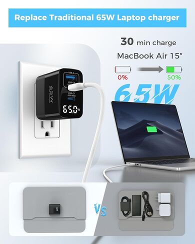 65W USB C Charger Block with Led Display,3 Ports USB Charger Block,Black in Kuwait