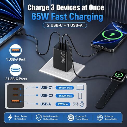 3-Port 65W USB C Charger, 2-Pack PD Quick 3.0 Charger for Galaxy S26 Ultra in Saudi Arabia