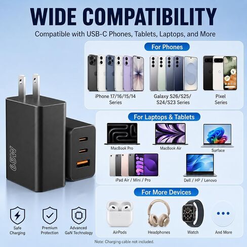 3-Port 65W USB C Charger, 2-Pack PD Quick 3.0 Charger for Galaxy S26 Ultra in Saudi Arabia