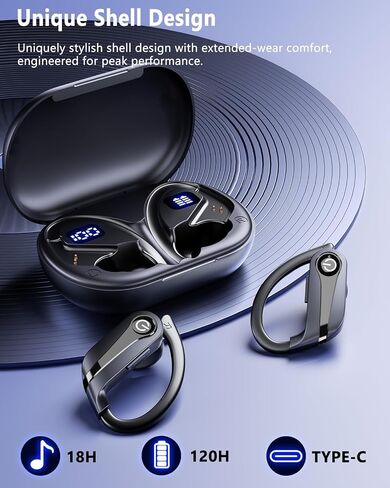 Hsility Wireless Earbuds 120H Playtime Bluetooth 6.1 Ear Buds for Sports Hi-fi Stereo Headset with LED Display Charging Case Earpiece for Running Workout Audifonos Retro Black in Kuwait