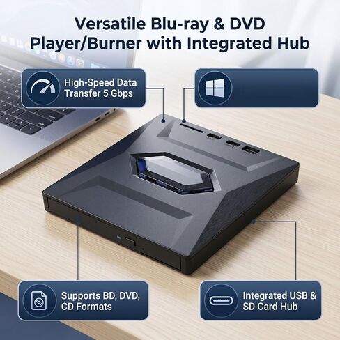 Tangxi 7 in 1 External Blu Ray Drive, USB 3.0 & Type C External CD/DVD Drive for Laptop, Portable CD DVD + / - RW Burner Reader with USB & SD Card Slot, for PC Laptop in Kuwait