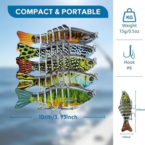 Keenjorika 5-Pack Fishing Lures Multi Jointed Fish Fishing Kits, Slow-Sinking Lifelike Segmented Swimbait Crankbaits, Realistic Swimming Action for Bass, Trout, Pike & Walleye – Freshwater & Saltwater in Saudi Arabia