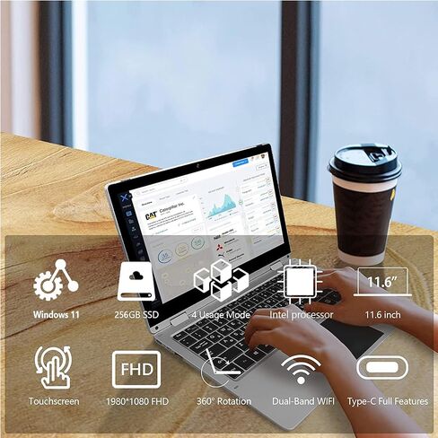 2 in 1 Window s 11 Laptop, 11.6 inch Laptop Computer, 8GB RAM, 256GB SSD Storage, 360 Degree Convertible Tablet Intel Processor, Webcam, WiFi, Type-C, Silver in Kuwait