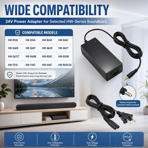 for Samsung Soundbar, 24V AC DC Power Supply Adapter, Replacement Charger Cord Compatible with HW-K650 HW-K651 HW-KM45 HW-KM55 HW-KM47 HW-KM57 HW-J550 HW-J551 HW-H450 in Kuwait