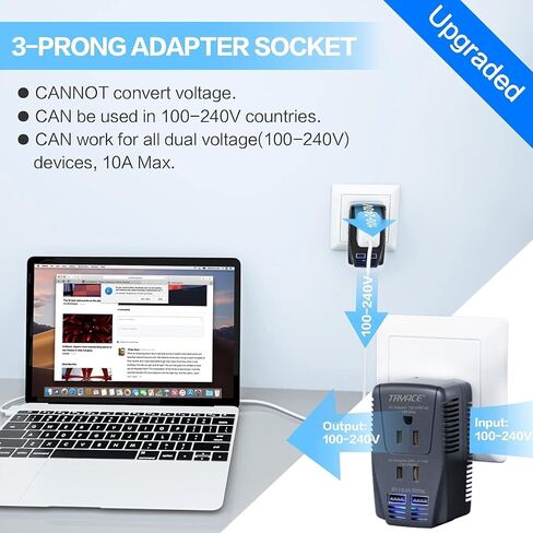 Upgraded 2000W Voltage Converter US to Europe for Hair Dryer Straightener -220V to 110V Converter for European Travel, 2300W Power Converter Adapter Combo with Dual USB for Tablet Camera Cell Phone in Kuwait