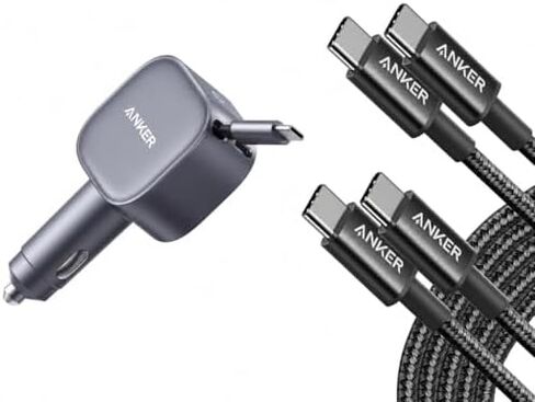 Anker Retractable USB-C Car Charger, 75W Max Fast Charging with Built-in Retractable Cable Car Adapter & Anker USB C to USB C Cable, Type-C 60W Fast Charging Cable (6 FT, 2Pack), for iPhone 17 Series in Kuwait