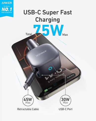 Anker Retractable USB-C Car Charger, 75W Max Fast Charging with Built-in Retractable Cable Car Adapter & Anker USB C to USB C Cable, Type-C 60W Fast Charging Cable (6 FT, 2Pack), for iPhone 17 Series in Kuwait