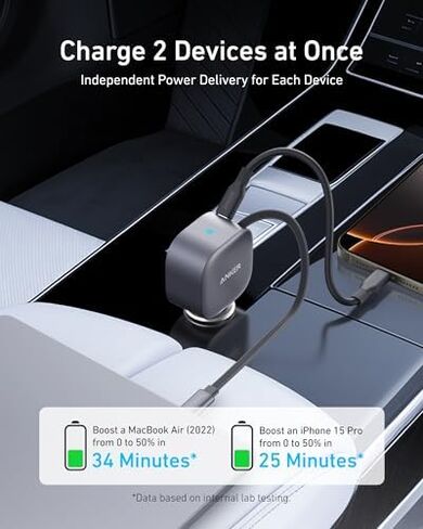Anker Retractable USB-C Car Charger, 75W Max Fast Charging with Built-in Retractable Cable Car Adapter & Anker USB C to USB C Cable, Type-C 60W Fast Charging Cable (6 FT, 2Pack), for iPhone 17 Series in Kuwait
