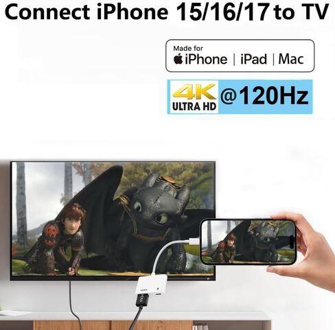 Apple USB-C to HDMI Adapter 4K@120Hz for iPhone 15 16 17 MacBook Pro Air iPad Pro, MFi Certified USB 3.1 Type C Digital AV HDMI 2.0 Cord Compatible with Samsung Galaxy S25/S24/S23 and More in Kuwait
