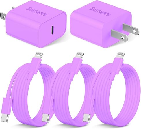 Susnwere iPhone 14 13 12 Charger Fast Charging, 2 Pack 20W Fast PD USB C Wall Charger Adapter with 3Pack 6Ft USB C to Lightning Cable (MFi Certified) for 14/14 Plus/14 Pro/14 Pro Max/13/ Purple in Kuwait