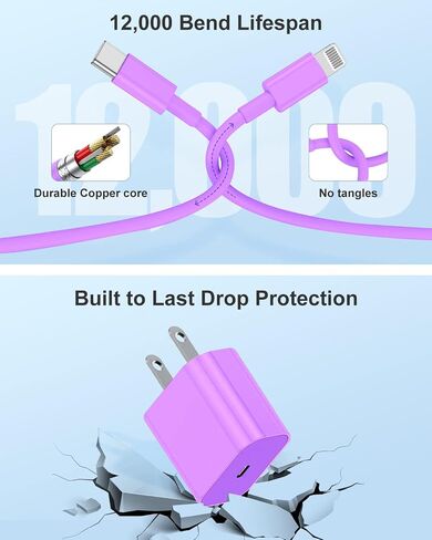 Susnwere iPhone 14 13 12 Charger Fast Charging, 2 Pack 20W Fast PD USB C Wall Charger Adapter with 3Pack 6Ft USB C to Lightning Cable (MFi Certified) for 14/14 Plus/14 Pro/14 Pro Max/13/ Purple in Kuwait