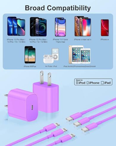 Susnwere iPhone 14 13 12 Charger Fast Charging, 2 Pack 20W Fast PD USB C Wall Charger Adapter with 3Pack 6Ft USB C to Lightning Cable (MFi Certified) for 14/14 Plus/14 Pro/14 Pro Max/13/ Purple in Kuwait
