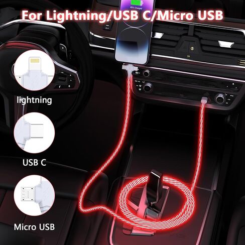 3-in-1 LED Light Up Flowing Multi iPhone Charger Cable,Lightning/Type C/Micro USB Car RGB Glowing Connector Cord for Apple iPhone 15/14/13/12/11 Pro Max/XR/XS/SE,iPad/Android/Samsung-6.6FT/2M Red in Kuwait