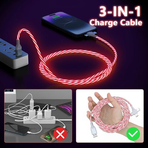3-in-1 LED Light Up Flowing Multi iPhone Charger Cable,Lightning/Type C/Micro USB Car RGB Glowing Connector Cord for Apple iPhone 15/14/13/12/11 Pro Max/XR/XS/SE,iPad/Android/Samsung-6.6FT/2M Red in Kuwait