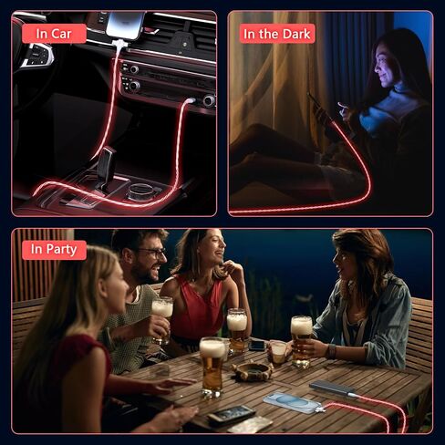3-in-1 LED Light Up Flowing Multi iPhone Charger Cable,Lightning/Type C/Micro USB Car RGB Glowing Connector Cord for Apple iPhone 15/14/13/12/11 Pro Max/XR/XS/SE,iPad/Android/Samsung-6.6FT/2M Red in Kuwait