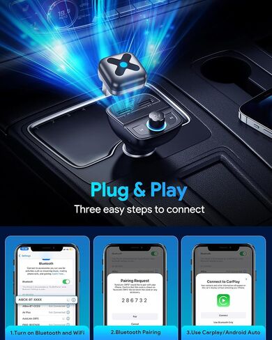 Wireless CarPlay Adapter for iPhone＆Android Auto, 3s Fast Auto-Connect, 5.8GHz WiFi, Bluetooth 5.4, Convert Wired to Wireless, No Delay, USB-C/USB-A/Extension Cable in Kuwait