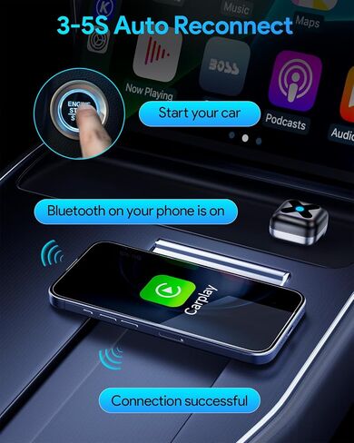 Wireless CarPlay Adapter for iPhone＆Android Auto, 3s Fast Auto-Connect, 5.8GHz WiFi, Bluetooth 5.4, Convert Wired to Wireless, No Delay, USB-C/USB-A/Extension Cable in Kuwait