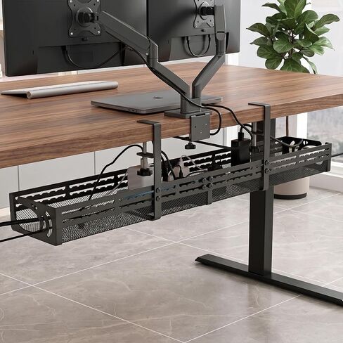 Under Desk Cable Management Tray, 15-25in Retractable Metal Cord Organizer Rack, No Drill Desk Tray with Clamp, Anti-Slip Pads Cable Tray for Home, Office, Gaming, Standing Desks in Kuwait