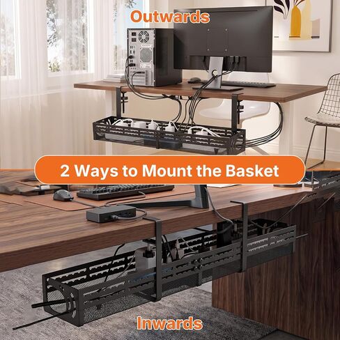 Under Desk Cable Management Tray, 15-25in Retractable Metal Cord Organizer Rack, No Drill Desk Tray with Clamp, Anti-Slip Pads Cable Tray for Home, Office, Gaming, Standing Desks in Kuwait