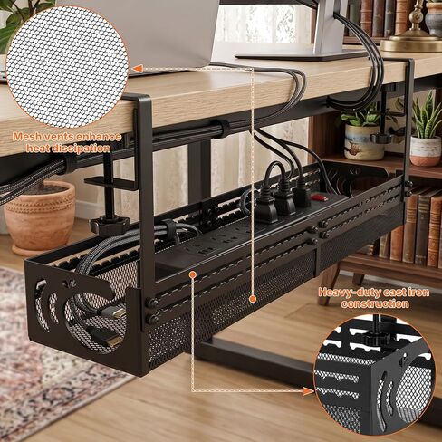 Under Desk Cable Management Tray, 15-25in Retractable Metal Cord Organizer Rack, No Drill Desk Tray with Clamp, Anti-Slip Pads Cable Tray for Home, Office, Gaming, Standing Desks in Kuwait