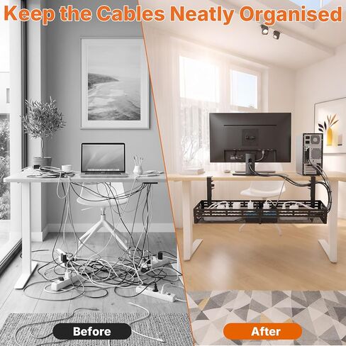 Under Desk Cable Management Tray, 15-25in Retractable Metal Cord Organizer Rack, No Drill Desk Tray with Clamp, Anti-Slip Pads Cable Tray for Home, Office, Gaming, Standing Desks in Kuwait